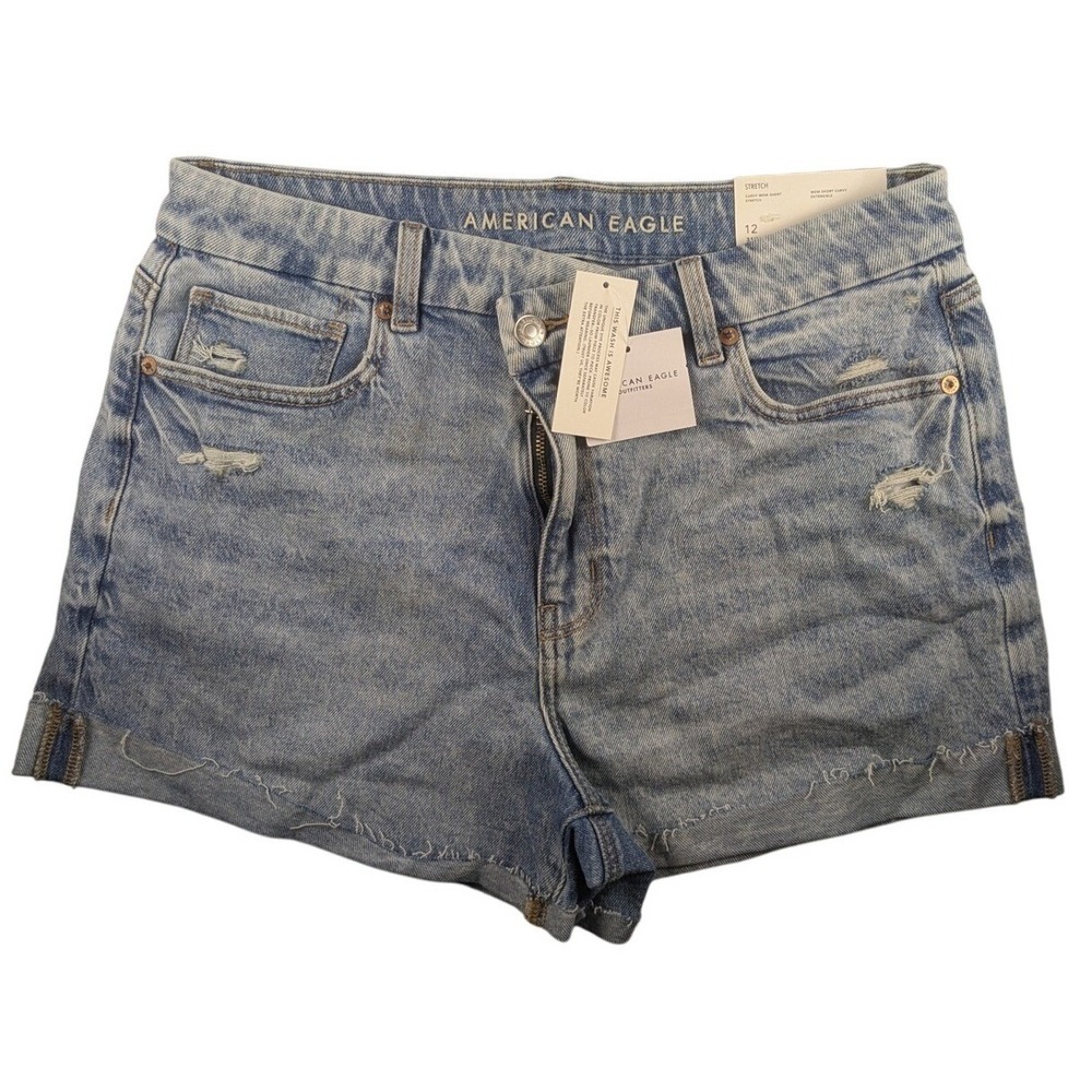 American Eagle Curvy Mom Denim Shorts‎ Size 12W Distressed Light Wash